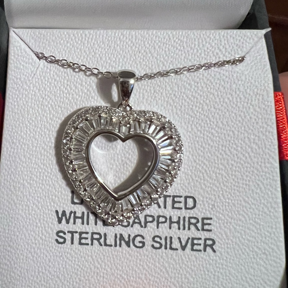 NWT-White Lab Sapphire Sterling Silver Heart Pendant Necklace Retail$125